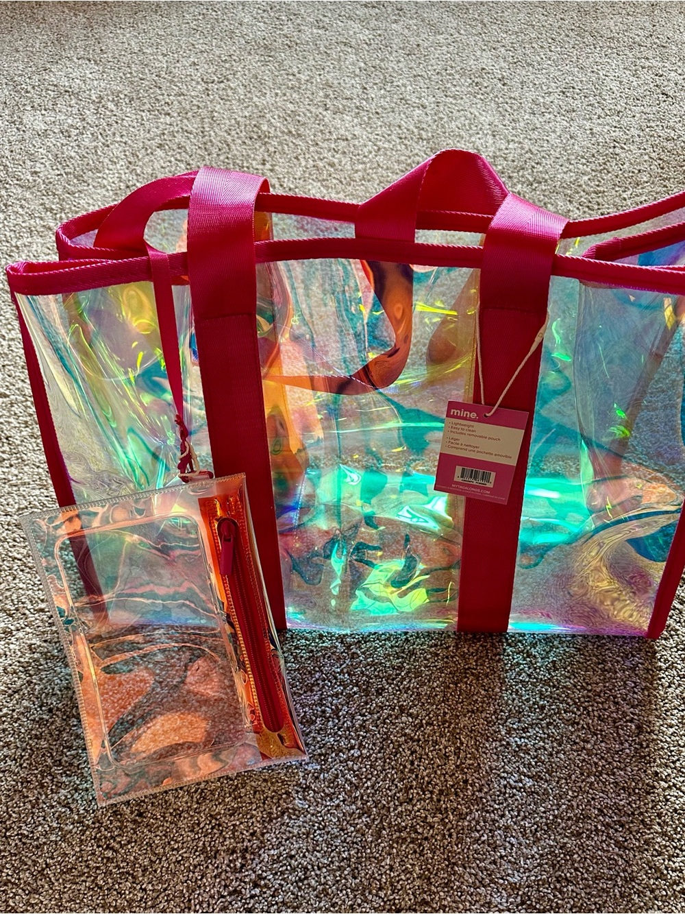 MINE by MyTagalongs . Clear Holographic Tote with Pink Trim and Matching Pouch